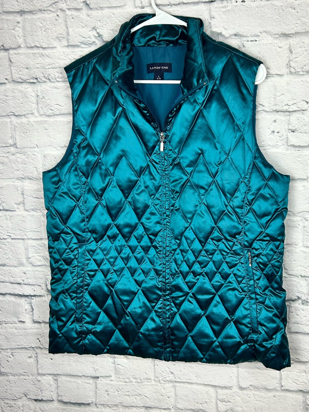 Lands’ End Women’s Quilted Puffer Vest Teal Blue Full Zip Pockets Size L